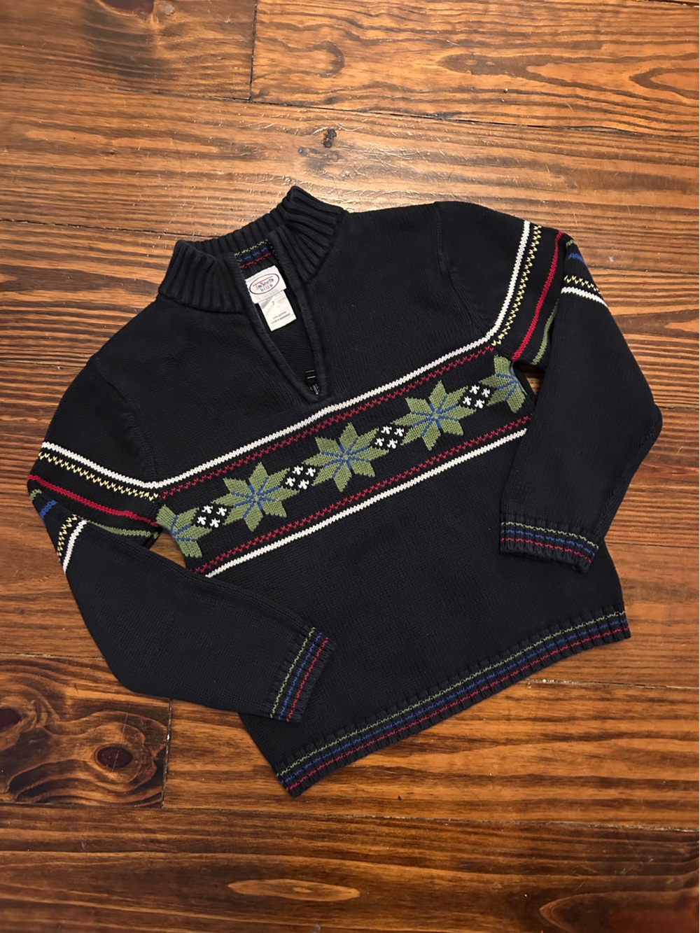 Talbots Kids Vintage Navy Knit Pullover with Green Star Fair Isle Stripe